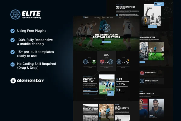 Elite football academy Elementor template kit cover showing sports website page layouts