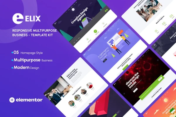 Elix Elementor template kit cover showing illustrated creative business homepage designs