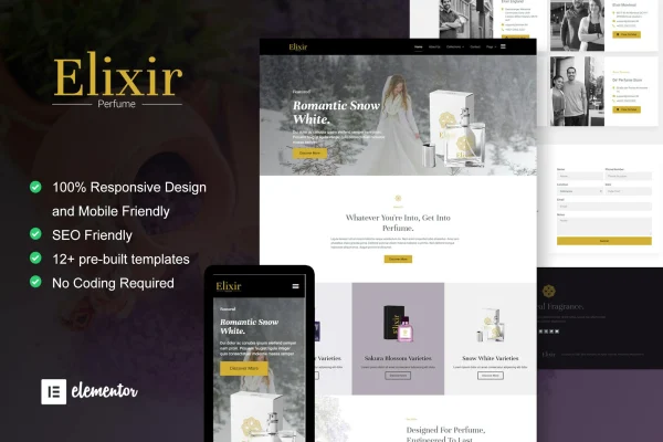 Elixir perfume maker Elementor template kit cover showing elegant fragrance website pages