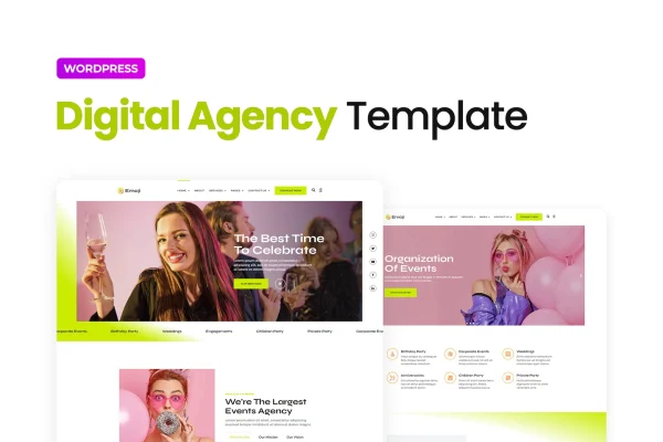 Emoji event agency Elementor template kit cover showing festive website page layouts