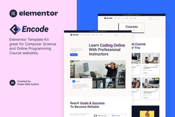 Encode Elementor template kit cover for an online programming and computer science course website