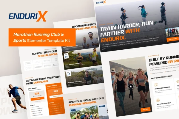 Endurix marathon running club Elementor template kit preview