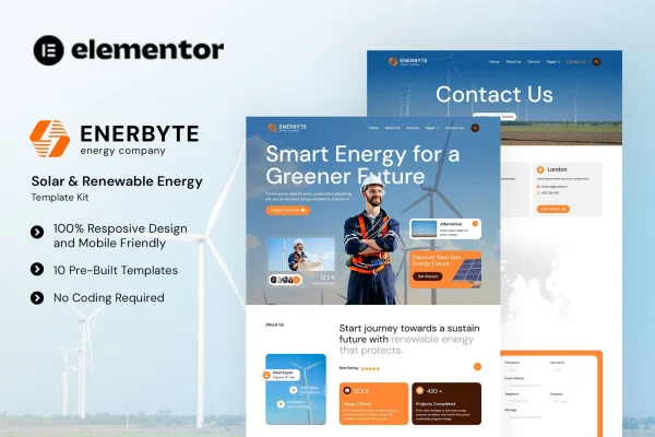 Enerbyte solar and renewable energy Elementor template kit preview