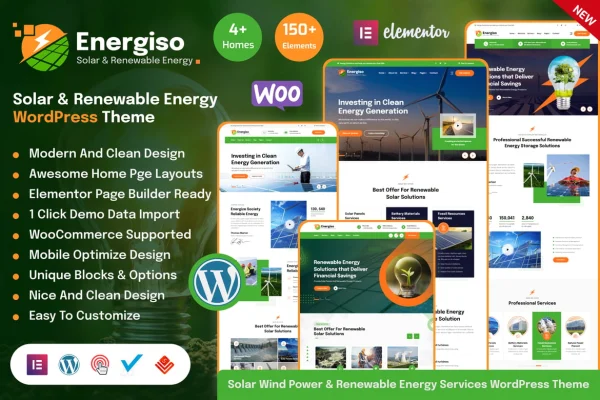 Energiso Theme preview showing a solar and renewable energy website design