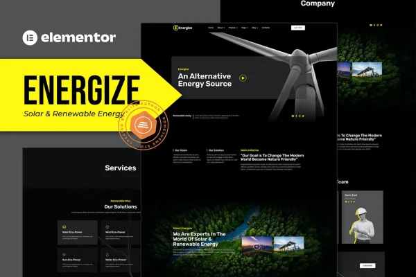 Energize solar and renewable energy Elementor template kit preview with dark eco design