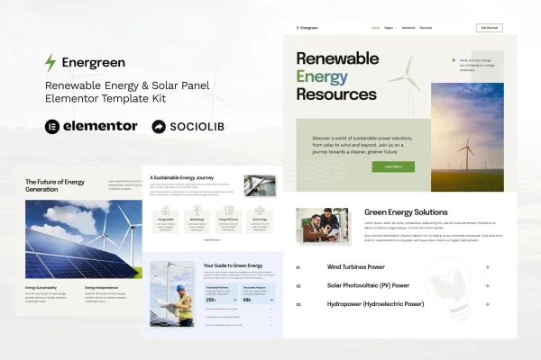 Energreen renewable energy and solar panel Elementor template kit preview