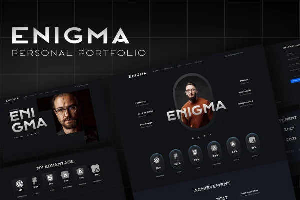 Enigma personal portfolio Elementor template kit page previews