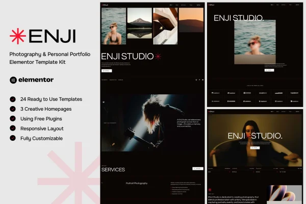 Enji photography and personal portfolio Elementor template kit preview