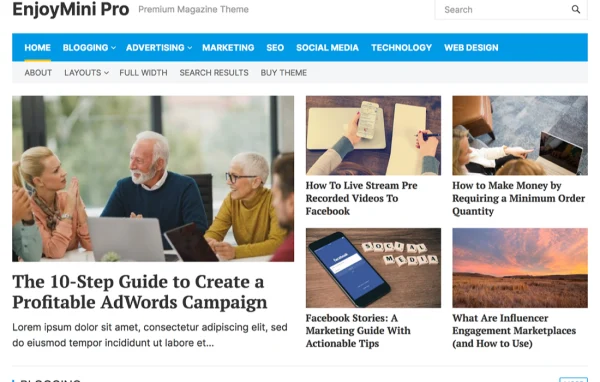 EnjoyMini Pro WordPress theme preview showing a clean magazine layout