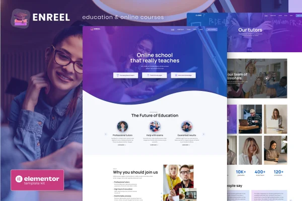 Enreel education and online courses Elementor template kit preview