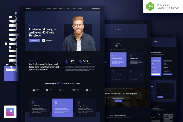 Enrique personal CV and portfolio Elementor template kit preview with dark design