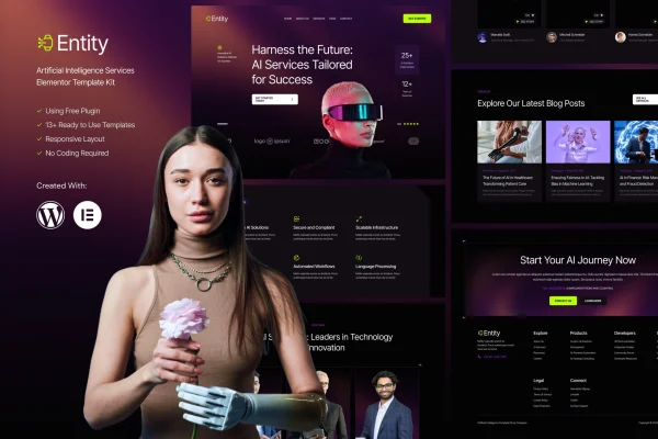Entity AI services Elementor template kit cover showing tech-styled page layouts