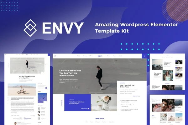 Envy News Magazine Elementor template kit preview showing homepage layouts