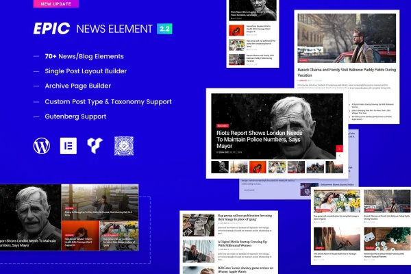 Epic News Elements plugin banner showing news and magazine layouts for Elementor and WPBakery