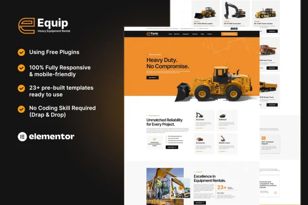 Equip heavy equipment rental Elementor template kit preview
