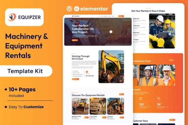 Equipzer Elementor Pro template kit preview for a machinery and equipment rental website