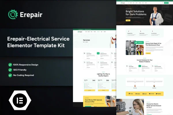 Erepair Elementor template kit preview for an electrical service website
