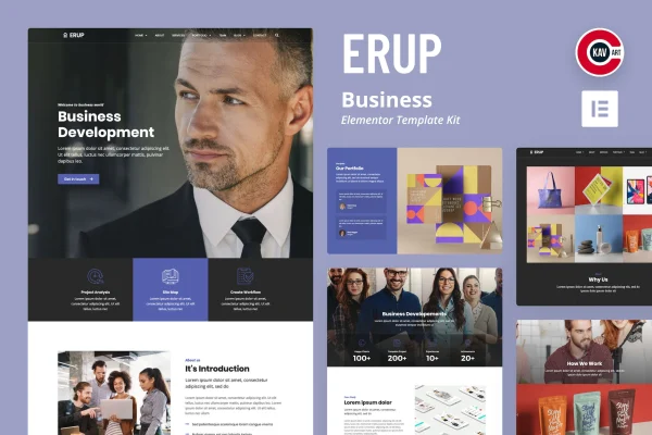 Erup business Elementor template kit cover showing website page layouts