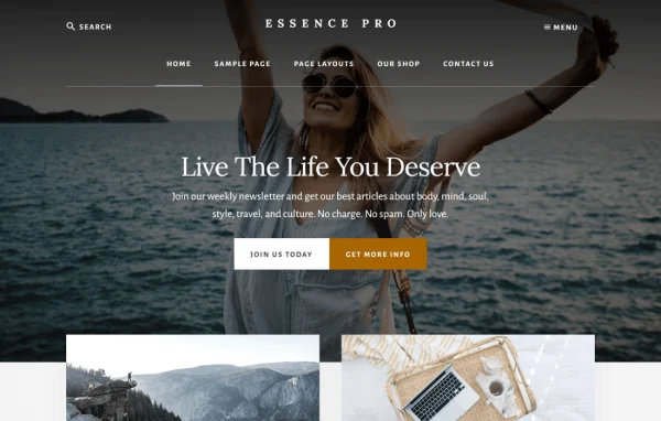 Essence Pro Theme demo with a minimalist wellness and lifestyle blog layout