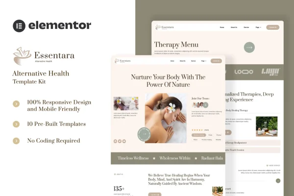 Essentara alternative health Elementor template kit cover showing wellness website page layouts