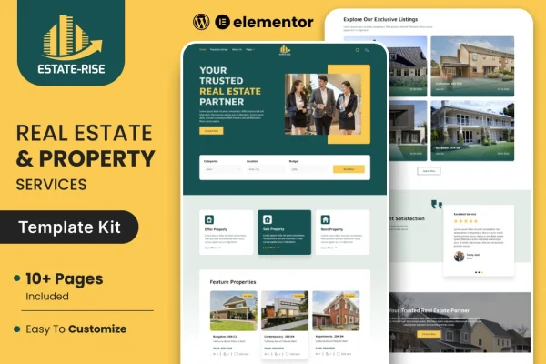 Estate Rise real estate Elementor template kit cover showing property website page layouts