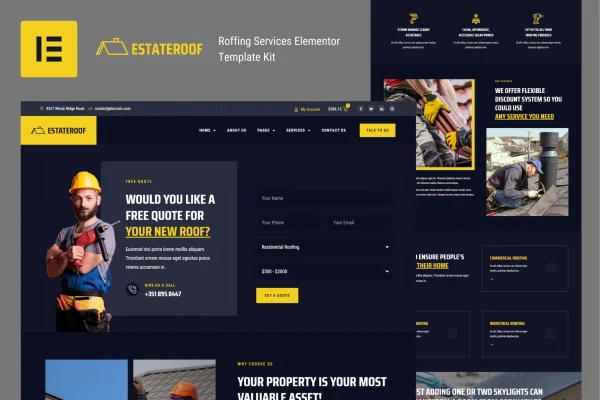 EstateRoof roofing services Elementor template kit cover image