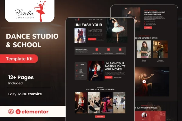 Estella dance school and studio Elementor template kit preview