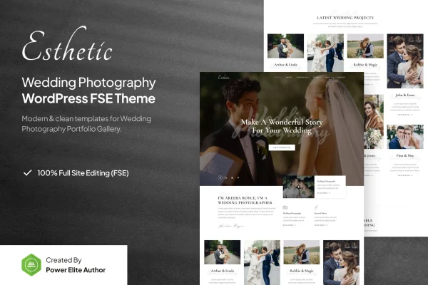 Esthetic wedding photography WordPress theme preview with elegant portfolio layout
