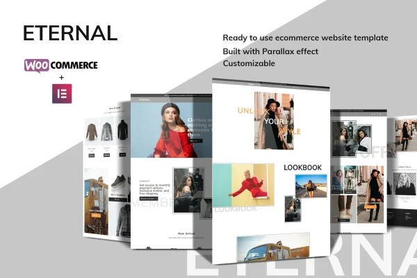 Eternal ecommerce Elementor template kit preview showing store page layouts