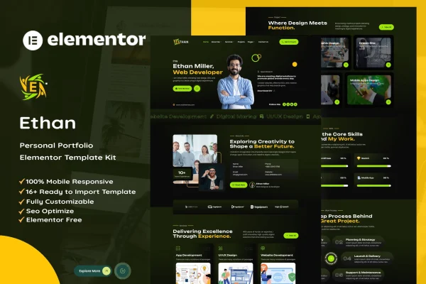 Ethan personal portfolio Elementor template kit preview