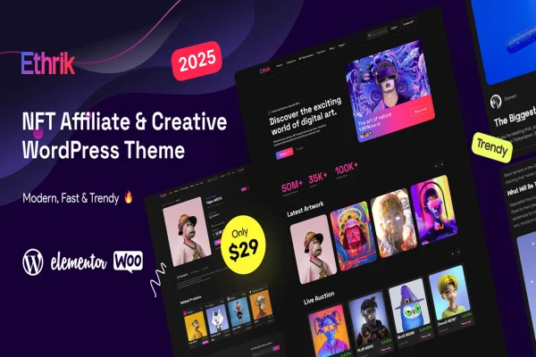 Ethrik creative and NFT affiliate WordPress theme preview