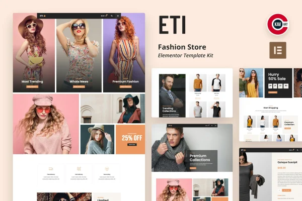ETI fashion store Elementor template kit preview with clothing shop page layouts