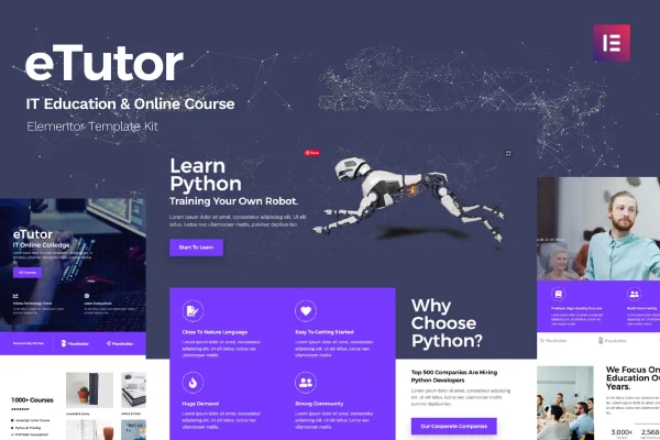 eTutor education and online course Elementor template kit preview