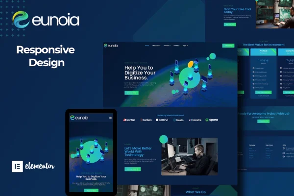 Eunoia tech company Elementor template kit preview with page layouts