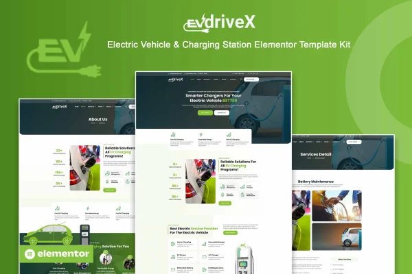 EVdriveX electric vehicle and charging station Elementor template kit preview