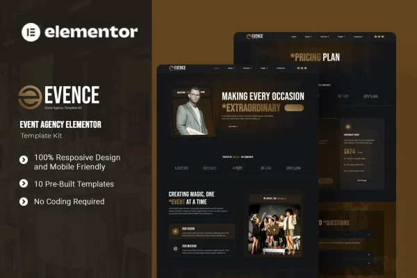 Evence event agency Elementor template kit preview