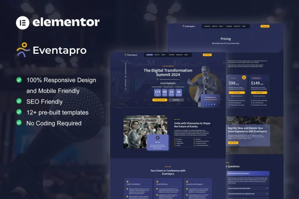 Eventapro event and conference Elementor Pro template kit preview