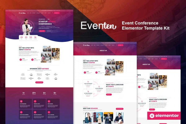 Eventen event conference Elementor template kit page previews