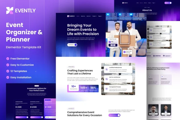 Evently event organizer and planner Elementor template kit preview