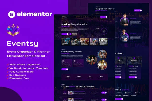 Eventsy Elementor template kit preview for event organizer and planner websites