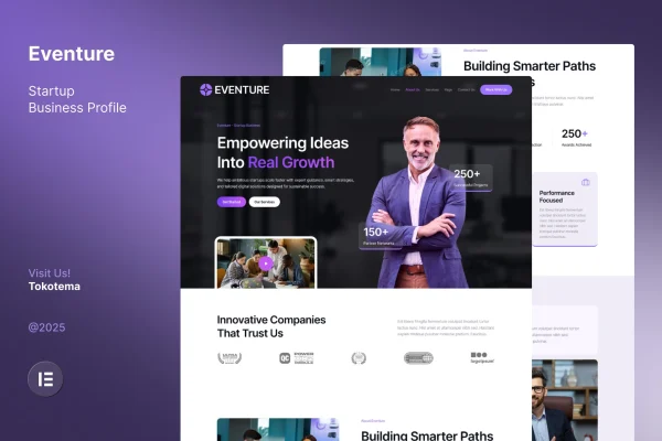 Eventure startup company profile Elementor template kit preview