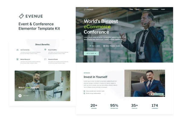 Evenue event and conference Elementor template kit page previews