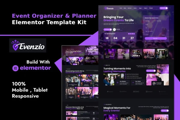Evenzio event organizer and planner Elementor template kit preview