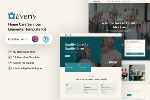 Everly home care services Elementor template kit cover image