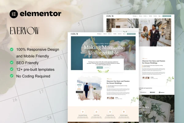 EverVow wedding and event planner Elementor Pro template kit preview