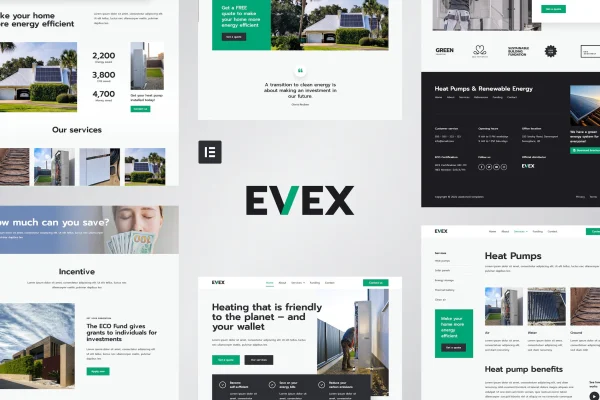 Evex heat pump and renewable energy Elementor template kit preview