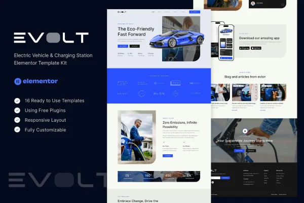 Evolt electric vehicle and charging station Elementor template kit preview
