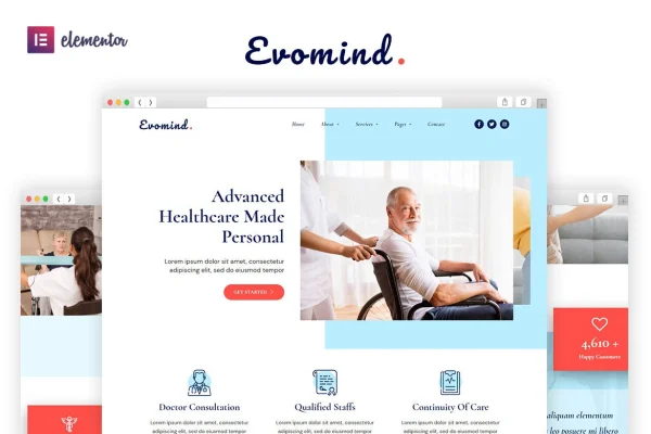 Evomind home healthcare Elementor template kit page previews