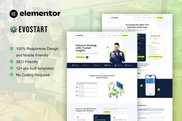 Evostart tech startup Elementor Pro template kit preview