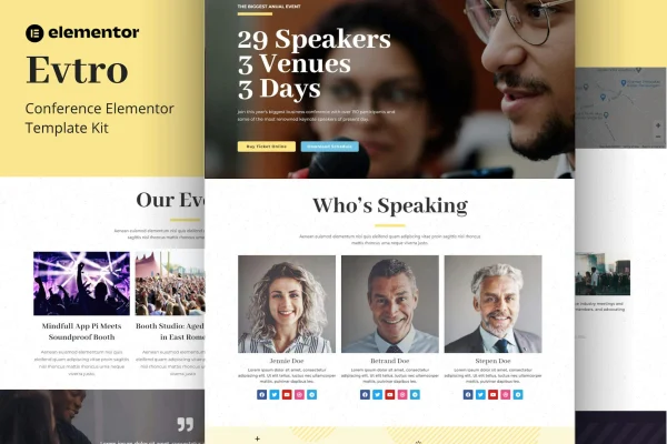 Evtro conference event Elementor template kit preview